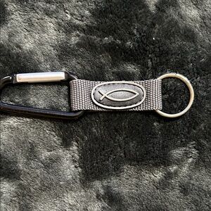 Gray Carabiner Keychain with Christian Ichthys Emblem